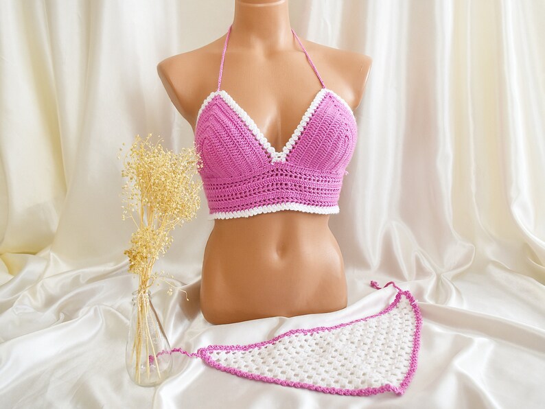 Crochet Bikini Crop Top Knit Hairband Trim Bikini Swimsuit Etsy