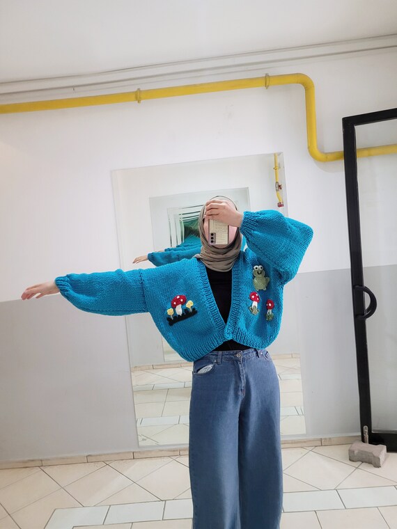 Frog Chunky Knit Cardigan - Blue Cropped Cardi Sweater , Oversized