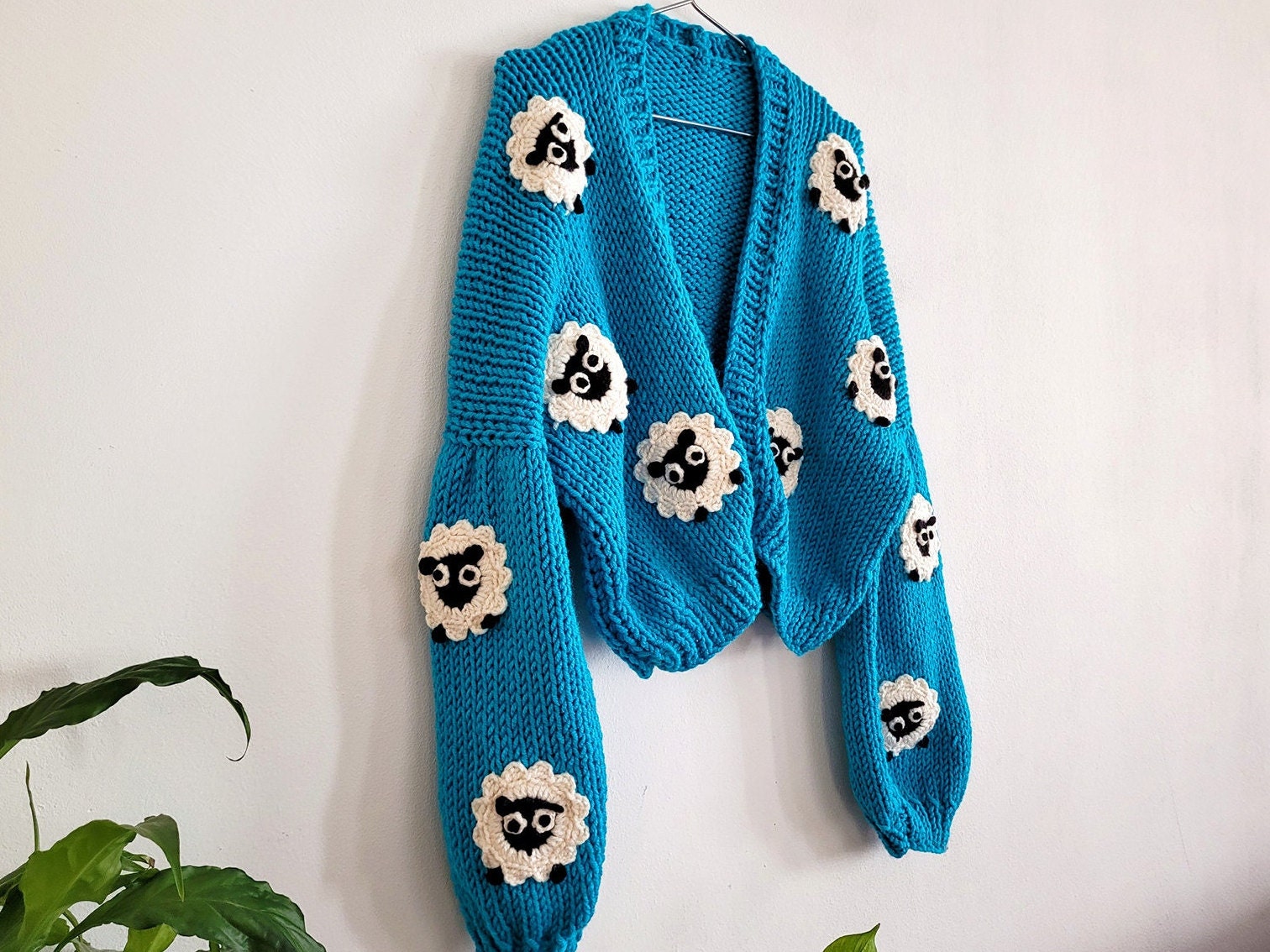 Cute Sheep Cardigan Sweater, Chunky Knit Cardi Cropped, Turquoise