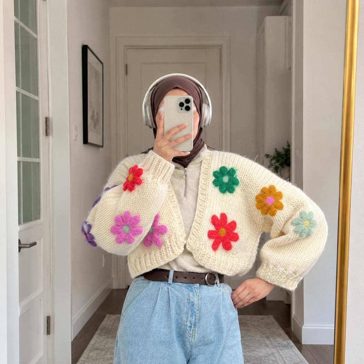 3D Colorful Flower Cardigan, Hand Knit Cropped Sweater With