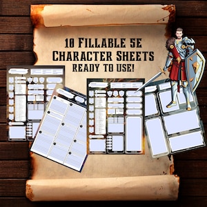 10 PDFs exclusivos de fichas de personagem 5e - Download digital para jogadores de D&D e Dungeon Masters - Diversos designs para RPGs de fantasia