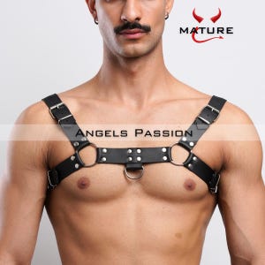 Men&#39;s Red Leather Chest Harness, Strappy Harness Top, Metal Accents, Festival Wear, Valentine&#39;s Day Gift, Dance Outfit