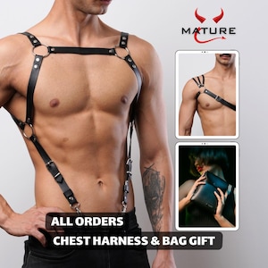 Mens Leather Lingerie Harness Men Chest Suspender, Leather Festival Harness, Gay harness, Rave Outfit.