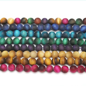 Natural Frosted Colored Tiger Eye Beads, Red, Blue, Green, Rose, Mixed Matte Round Loose 4MM 6MM 8MM 10MM 12MM Gemstone Beads 15''
