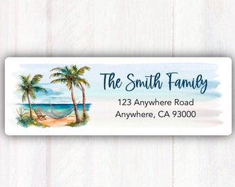 Beach Return Address Label - Beach Address Label Personalized with your Name and Address -  Address Label Sticker Beach Scene with Palm Tree