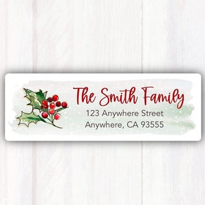 Return Address Labels Christmas Holly  - Customized Christmas Address Labels - Christmas Red Holly Berries -  Personalized Holiday Labels