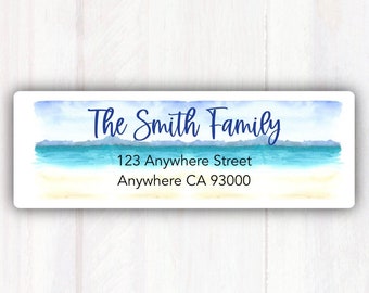 Beach Scene Watercolor Return Address Labels - Personalized Watercolor Address Labels Ocean Background -  Watercolor Address Sticker Label