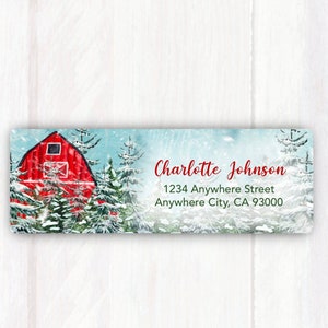 Christmas Winter Red Barn Return Address Labels  - Customized Holiday Address Labels - Printed Red Barn Winter Personalized Address Labels