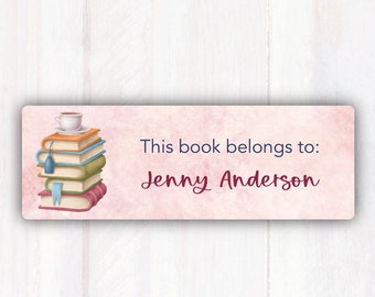 May include: A pink bookplate with a stack of books, a cup of coffee, and the text "This book belongs to: Jenny Anderson".