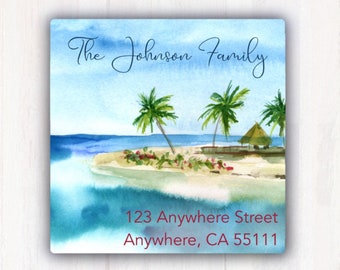 Tropical Island Personalized Return Address Labels  -  Island Address Labels  - Custom Address Labels -  2” x 2” Return Address Labels