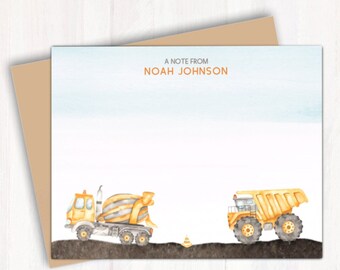 Boys Stationary Printed Note Cards with Construction Vehicles - Personalized Kids Stationery Notecards with Envelopes - Gift for Kids
