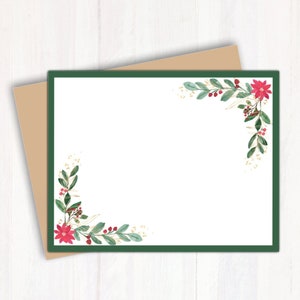 10 Christmas Blank Note Cards with Matching Kraft Envelopes, Holiday Flat Notecards Set - Watercolor Festive Christmas Flat Notecards