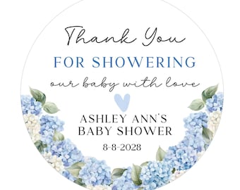 Custom Baby Shower Stickers - Customized Baby Shower Favor Stickers - Boys Baby Shower Labels - Blue Hydrangea Favor Labels - 2” Round