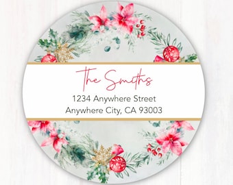 Return Address Labels Christmas Wreath- Personalized Christmas Address Labels - Christmas Round Address Labels  -  Customized Holiday Labels