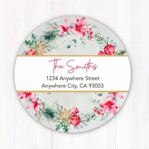 Return Address Labels Christmas Wreath- Personalized Christmas Address Labels - Christmas Round Address Labels  -  Customized Holiday Labels