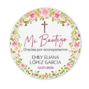 Mi Bautizo Stickers - Personalized Girls Spanish My Baptism Favor Stickers - 2” Custom Mi Bautizo Labels with Pink Rose and Greenery Leaves