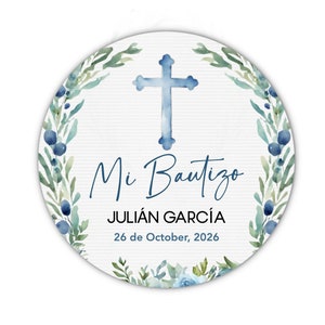 Mi Bautizo Stickers - Personalized Boys Spanish My Baptism Favor Stickers - 2” Custom Mi Bautizo Labels with Blue Cross and floral Wreath