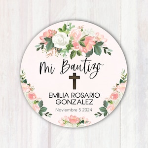 Mi Bautizo Stickers - Personalized Spanish My Baptism Favor Stickers - 2” Round Custom Bautizo Labels with Pink Floral Design for Girls