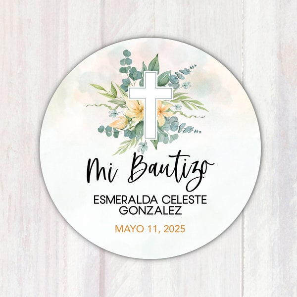 Mi Bautizo Stickers - Personalized Spanish My Baptism Favor Stickers - 2” Round Custom Mi Bautizo Labels with Greenery Floral Cross Design