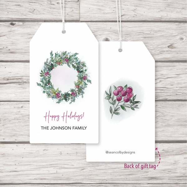 Printed Gift Tags - Happy Holidays Personalized Tags - Hanging Gift Tag - Christmas Wreath Gift Tag With Holes and String