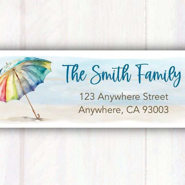 Beach Umbrella Summer Address Labels - Personalized Watercolor Beach Umbrella Address Labels -  Summer Fun Return Address Sticker Label