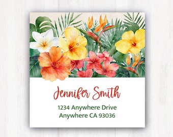 Tropical Flowers Address Labels -  Personalized Tropical Floral Return Address Labels -  Tropical Address Labels Stickers  2” x 2”  Square