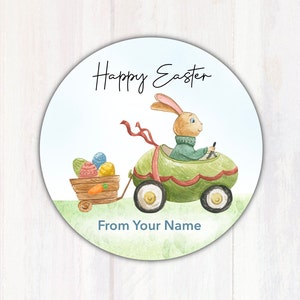 Happy Easter Treat Bag Stickers - Easter Bunny Goodie Bag Labels - Personalized Easter Candy Bag Label - 1.67” Round Party Favor