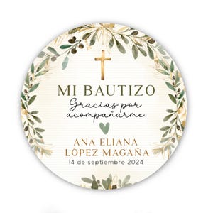 Personalized Mi Bautizo Stickers - Mi Bautizo Favor Stickers - 2” Custom Bautizo Spanish Labels with Olive Leaves Greenery and Cross Design