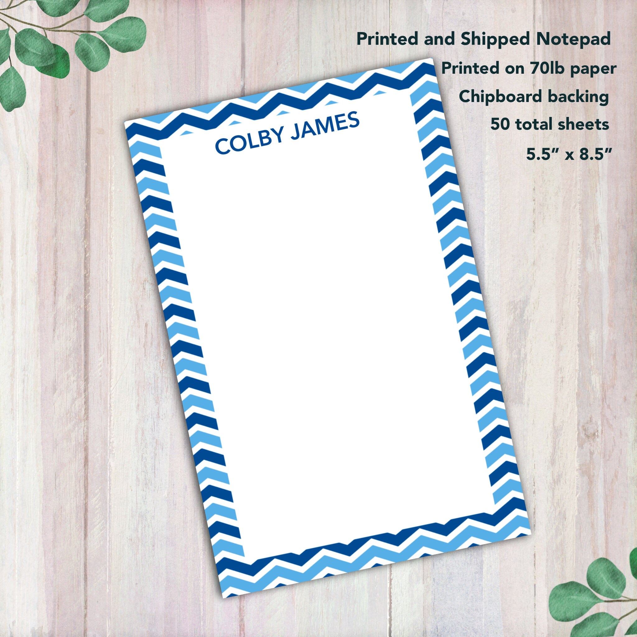 Personalized Kids Notepad - Blue Chevron Notepads for Boys - Custom Name Boy Books Note Pad Gift - Size: 5.5” x 8.5”, 50 Sheets
