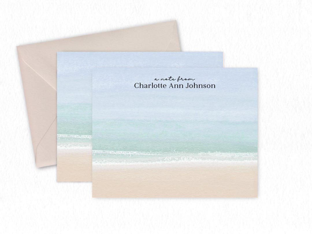 Beach Note Example Personalized Beach Notecards With Envelopes, Custom Coastal Watercolor ...