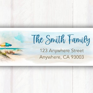 Personalized Watercolor Beach Scene Return Address Labels - Summer Beach Themed Print Address Labels -  Return Address Sticker Label