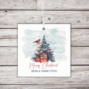 Printed Gift Tags - Square Merry Christmas Gift Tags with Watercolor Tree Design - Personalized Holiday Gift Tags - Custom Gift Tag for Gift