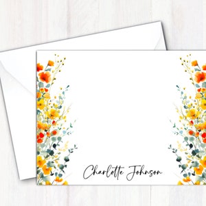 Floral Note Cards Personalized  - Custom Note Cards with Envelope Floral Design  - Stationery Notecards Gift Set - Watercolor Wild Flowers