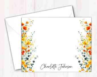 Floral Note Cards Personalized  - Custom Note Cards with Envelope Floral Design  - Stationery Notecards Gift Set - Watercolor Wild Flowers