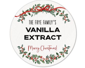 Custom Christmas Vanilla Extract Labels – Personalized Holiday Food Gift Stickers – Family Name Jar Labels for Homemade Extract