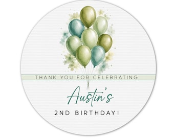 Personalized Birthday Stickers, Custom Birthday Favor Labels, Green Balloon Thank You Stickers with Name and Age, Party Favor Stickers