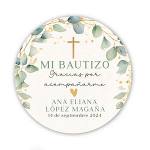 Mi Bautizo Stickers - Personalized Spanish My Baptism Favor Stickers - 2” Custom Mi Bautizo Labels with Eucalyptus Greenery and Cross Design