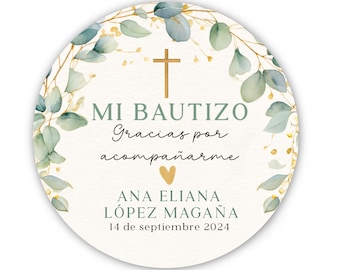 Mi Bautizo Stickers - Personalized Spanish My Baptism Favor Stickers - 2” Custom Mi Bautizo Labels with Eucalyptus Greenery and Cross Design