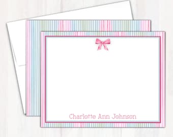 Personalized Kids Stationary - Custom Pink Bow Note Cards with Envelope - Girls Rainbow Background Notecards Set - Personalized Child’s Gift