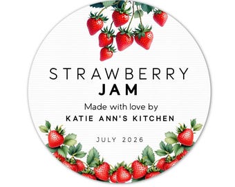 Strawberry Jam Canning Labels – Personalized Homemade Jam Jar Stickers – Custom Kitchen Labels  – Printed Round Strawberry Jar Stickers