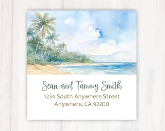 Beach Address Labels -  Personalized Beach Island Return Address Labels - Beach Palm Trees Scene Address Labels Stickers 2” Square Labels