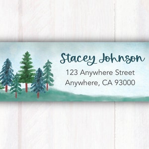 Return Address Labels Watercolor Green Trees -  Return Address Labels - Personalized Customized Labels - Printed Christmas Holiday Labels