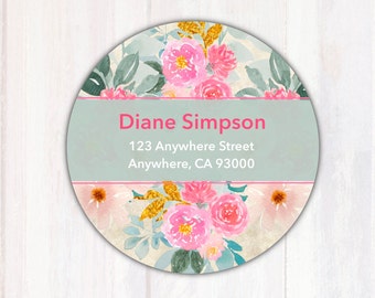 Return Address Labels - Personalized Address Labels  - Pink Floral Address Label Stickers  -  Custom Address Stickers - 2” Round