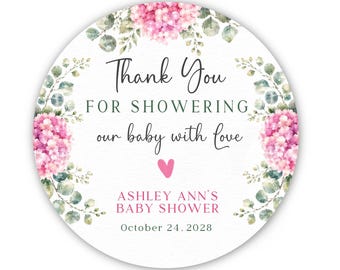 Personalized Baby Shower Thank You Stickers, Baby Shower Favor Labels, Pink Floral Shower Stickers with Name and Date