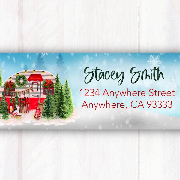 Christmas Decorated Camper Return Address Labels  - Customized Holiday Camper Address Labels - Christmas Personalized Address Labels