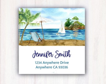 Beach Address Labels -  Personalized Beach Island Return Address Labels - Palm Tree Address Labels Stickers  2” x 2”  Square Address Labels