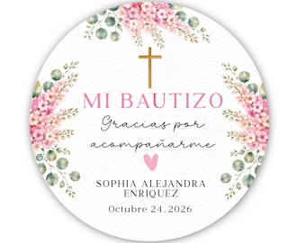 Mi Bautizo Stickers, Pink Floral Baptism Stickers, Personalized Bautizo Favor Tags, Custom Baptism Stickers, Girl Baptism Favors