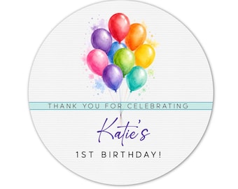 Personalized Birthday Stickers, First Birthday Favor Labels, Custom Thank You Stickers, Balloon Party Favor Stickers