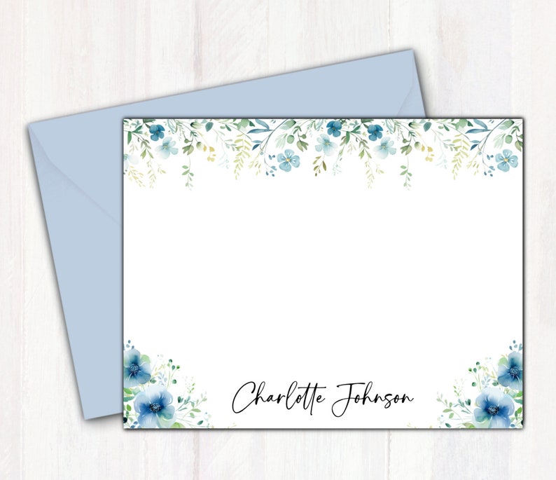 Personalized Stationary With Blue Flowers - Floral Custom Note Cards ...