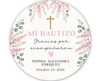 Mi Bautizo Stickers, Personalized Baptism Favor Labels, Pink Floral Bautizo Stickers, Spanish Christening Thank You Labels